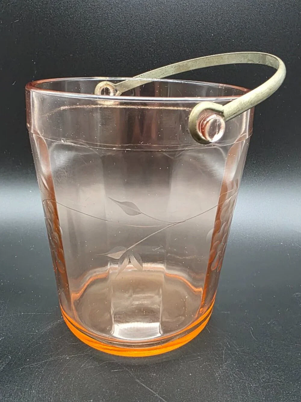 Pink Depression Glass Ice Bucket w/ Handle Etched Flower Dot Paneled Sides grape